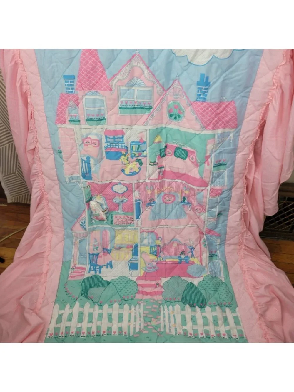 Vintage Bedkins Girls Ruffle Twin Comforter Coverlet Pink Plush Bunny Dollhouse